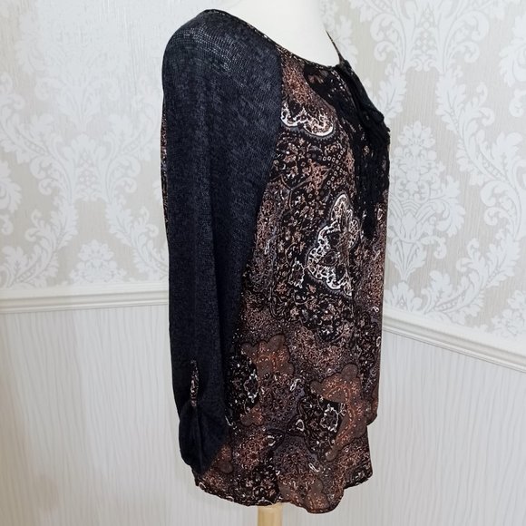 Gloria Vanderbilt Brown and Black Boho Top with Tassel Tie Size Medium - Picture 2 of 4